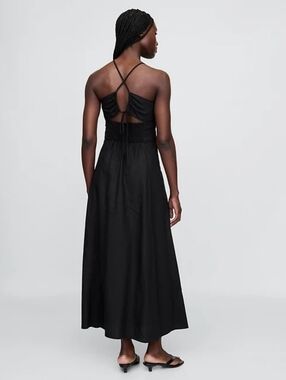 NWT - GAP Soft Linen Shirred Bodice Sweetheart Neckline Black Maxi Dress-Size L